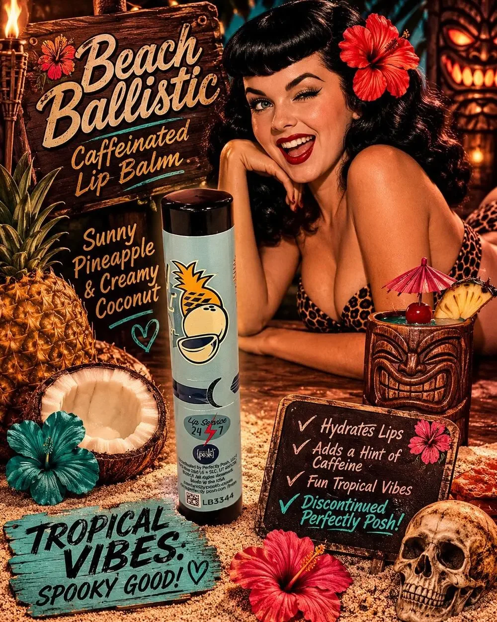 Perfectly Posh Beach Ballistic Caffeinated Lip Balm Pineapple Coconut NEW Rare